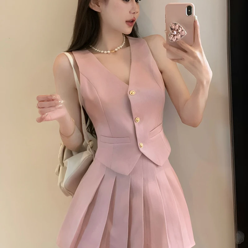 Sweet Temperament Two-piece Suit Women's Single-breasted Vest Top Pleated Skirt