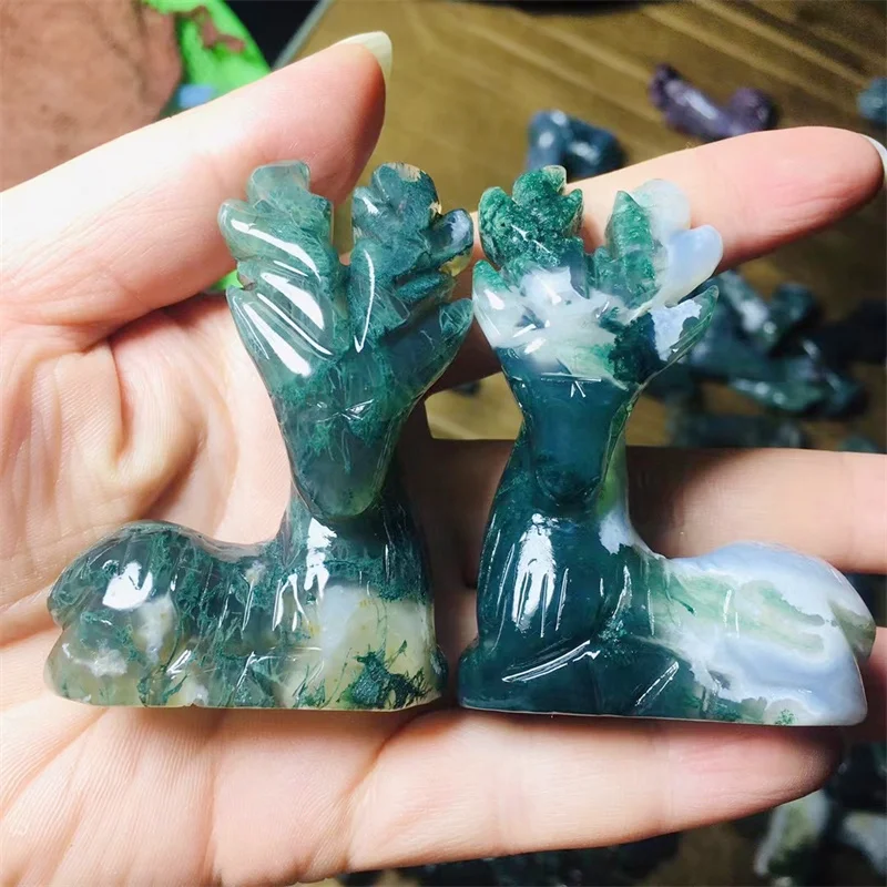 

Natural Moss Agate Crystal Christmas Deer Unicorn Carved Healing Reiki Figurine Gemstone Animal Crafts Home Decoration Gift 1pcs