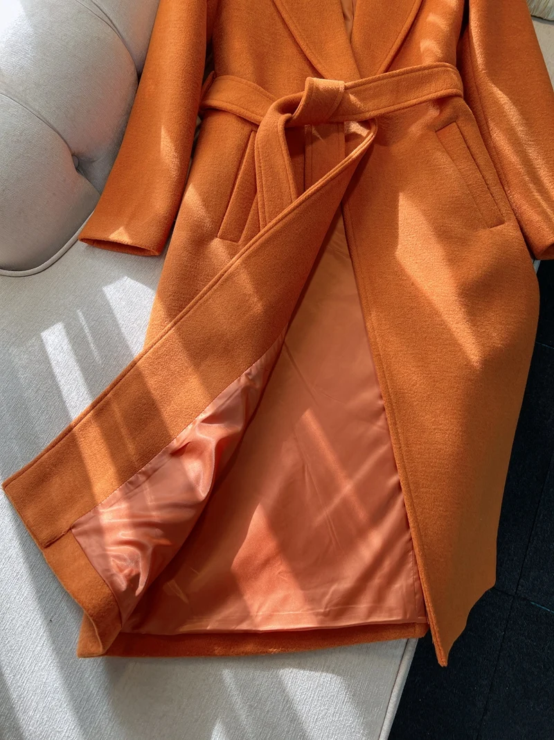 

Retro Ele Orange Woolen Coat Medium Length Belted High-End Feel Autumn Winter Faion Commute Sle Pure Color ket