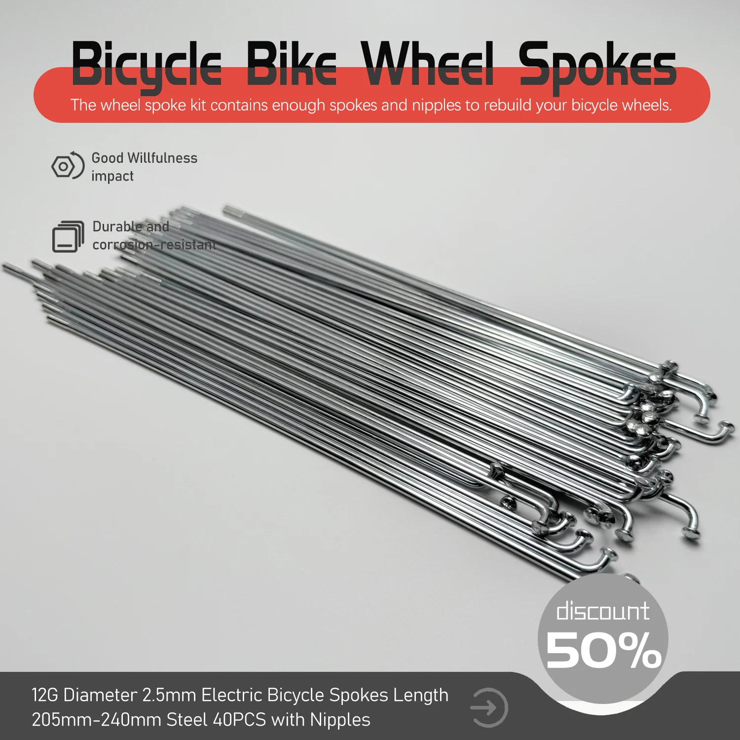 

40 шт. велосипедные спицы, спицы для колес велосипеда, нержавеющая сталь, 12 г, диаметр 2,5 мм, длина 205 мм-240 мм, высокопрочные спицы для электрического велосипеда