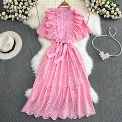 Elegant Chic Plelated Bow Ruffle Dress A-line Casual  Puff Sleeve Vestidos O-Neck High  Spring Summer Vacation Robe