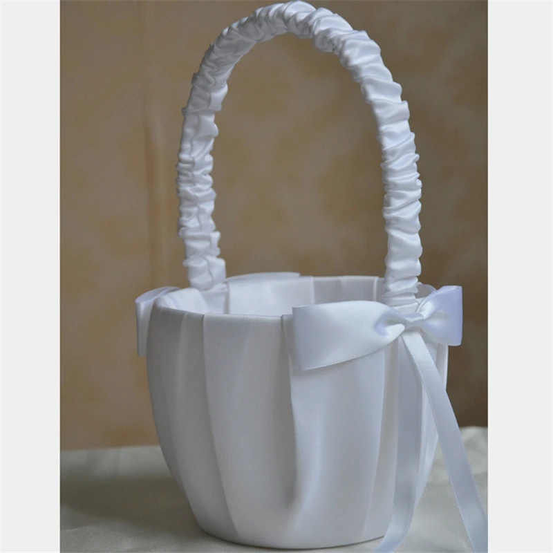 Elegant Wedding Flower Girl Basket White Cute Satin Holder Ring Pillow Flower Storage Basket for Party Wedding Decoration