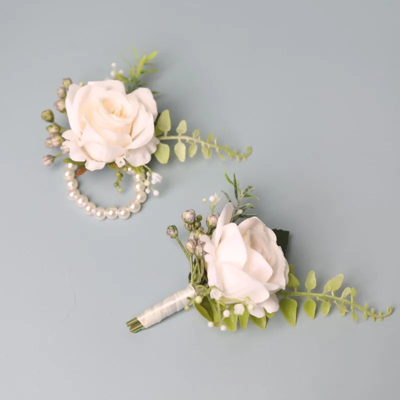 Elegante Bräutigam-Boutonniere-Blumen für Mensuit, künstliche Rosen, Handgelenk-Corsage, Hochzeitsaccessoires – Detail 3
