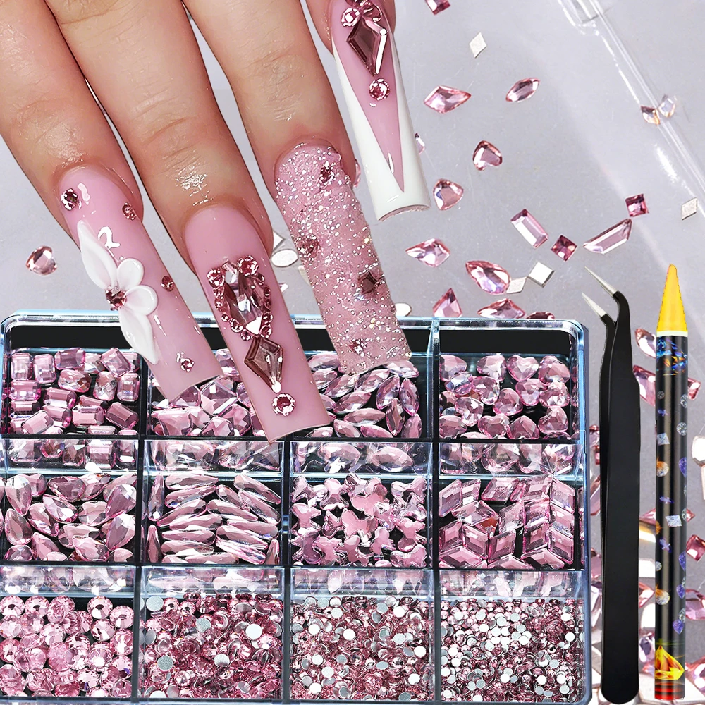 

12Grids 3D Pink Glass Crystal Nail Rhinestones Mixed Size Round Gems Heart Butterfly Waterdrop Zircons Nail Art Diamond Nail Dec