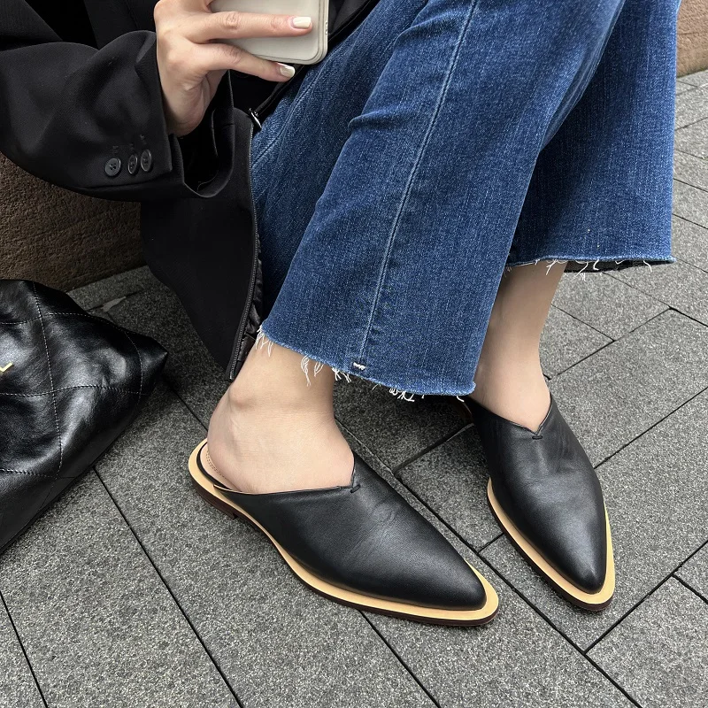 

Flat Shoes Woman Slip On Cow Leather Mules Female Muller Shoes Pointed Toe Footwear Basic Style Handmade Ladies Flats Size 40