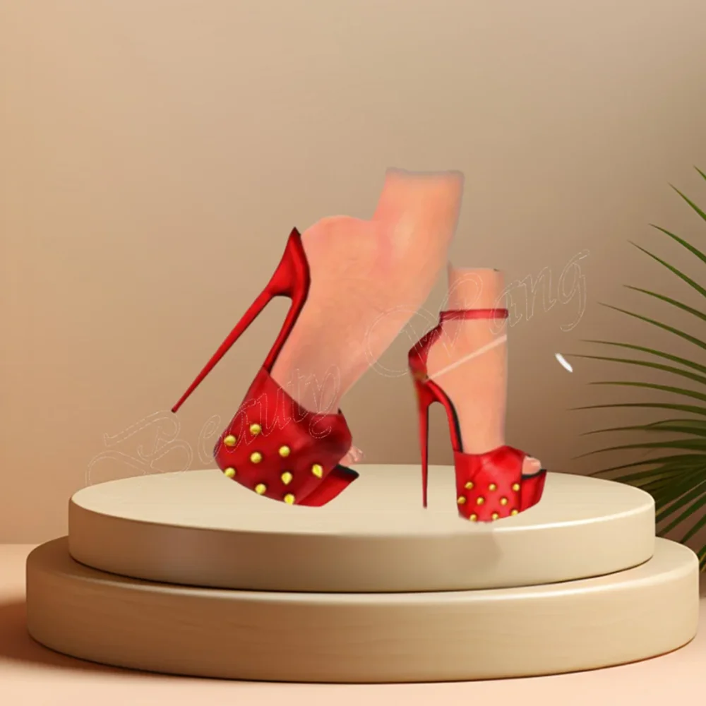 

Red Rivet Decor Peep Toe Sandals Solid Platform Shoes Spike High Heel Shoes for Women Runway High Heels 2023 Zapatillas Mujer