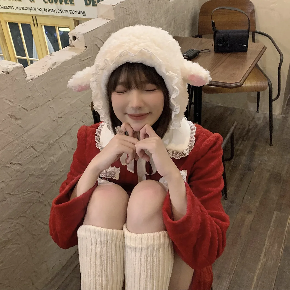 Cute Cat Ear Lace Hats Warm Soft Lovely Lamb Cosplay Bucket Beanies Hat Outdoors Winter Warm Caps Christmas Gift