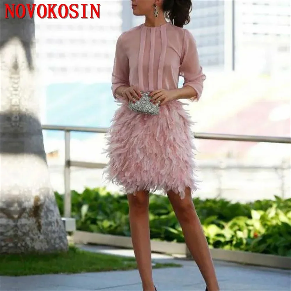 High Feather Sexy Skirt Chiffon Cocktail Dresses Long Sleeves Open Back With Bow Short Party Dresses Nice Cool Soft Prom Gown