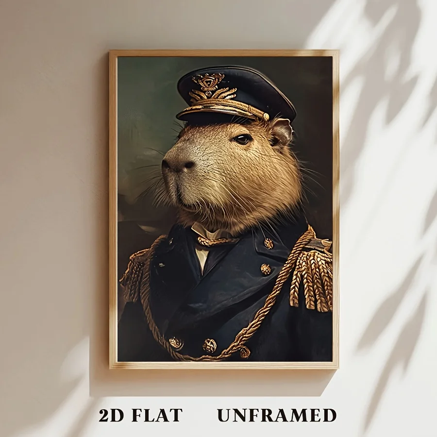 2D Flat, 2D Flat, Frameless Capybara Naval Admiral Poster - Ideal for Bedroom, Bathroom, Living Room Wall Decor - Animal Them