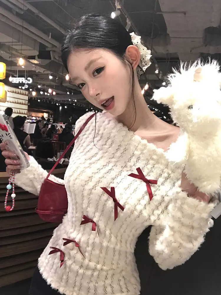 Sweater Bow Pullover Off Shoulder Y2k Korean Style Knit Woman Clothing 2000s Sweet Kawaii Harajuku Long Sleeves Autumn Winter