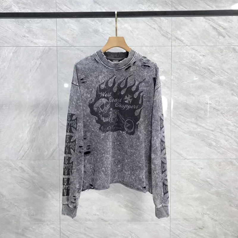 

Хип-хоп череп мотоциклетный принт тяжелая стираная футболка с поврежденными отверстиями футболка большого размера SAINT West Coast Choppers футболка с длинными рукавами