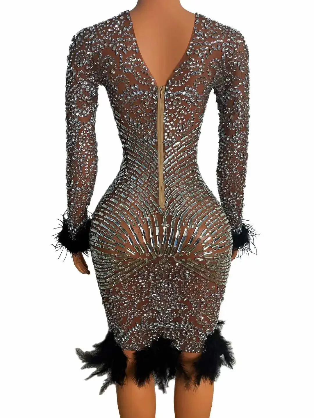 Feather Long Sleeve Women Short Dress Brand Rhinestone Drag Queen Outfit Singer Stage Wear Birthday Evening Elegant Dresses