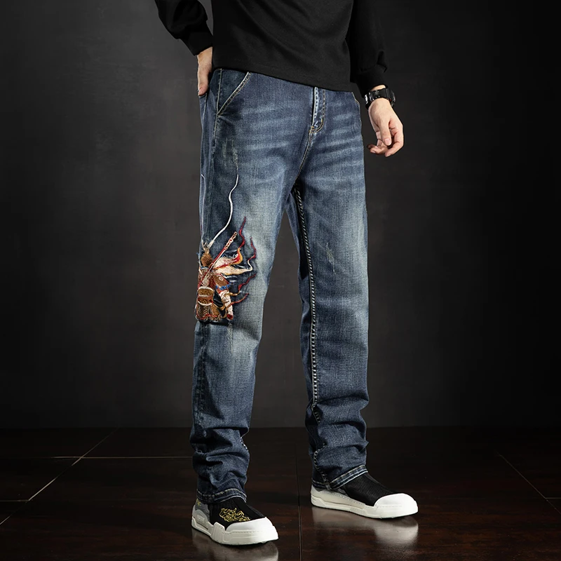 

Original Pattern Embroidered Jeans Men's Loose Straight Leg Trendy High Elasticity Autumn New Style Long Pants Cotton Stretch...