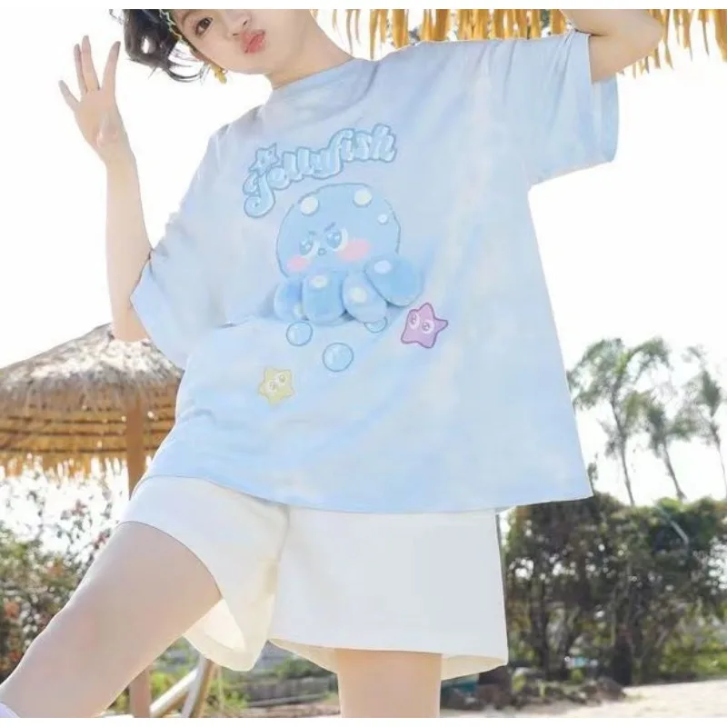 

Chic Sweet Cute Kawaii T-shirt Summer Short-sleeved Top Female Tops Women Casual Y2k New 2024 Trend Blue Cartoon Print Tees