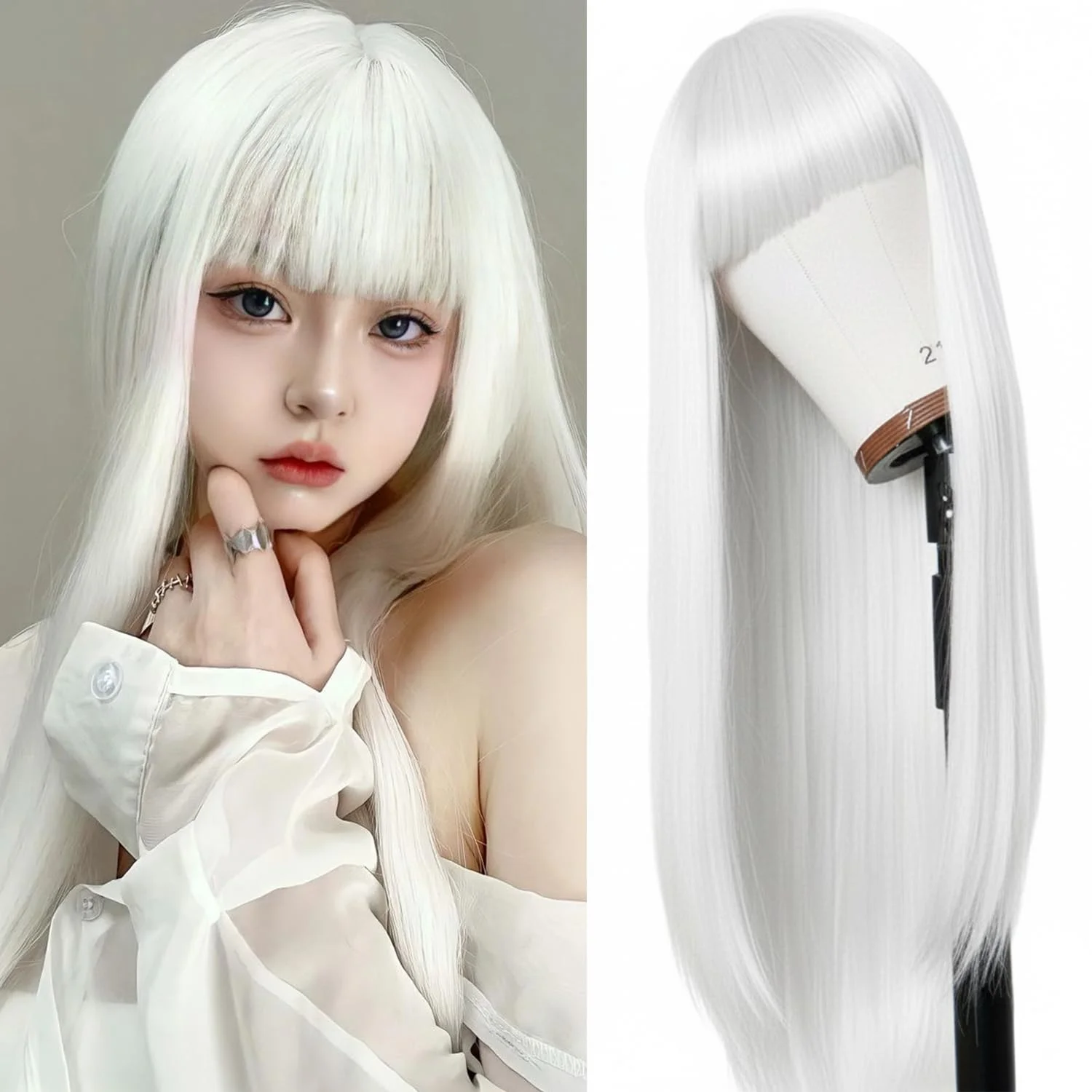 

23-Inch Cosplay Synthetic Straight Hair with Bangs White Suitable for Women's Daily Party Natural and Heat-Resistant Lolita Wig
