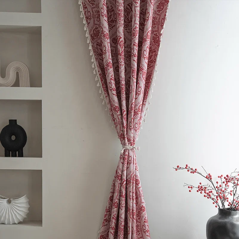 

1pc Spring Festival-Applicable Red & Pink Baroque Pattern Jacquard Curtains - Retro Palace Style Tasseled Decorative Curtain