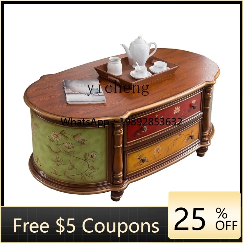 

ZZ YY European Coffee Table Oval Solid Wood American TV Cabinet Floor Cabinet Vintage Painted Carved