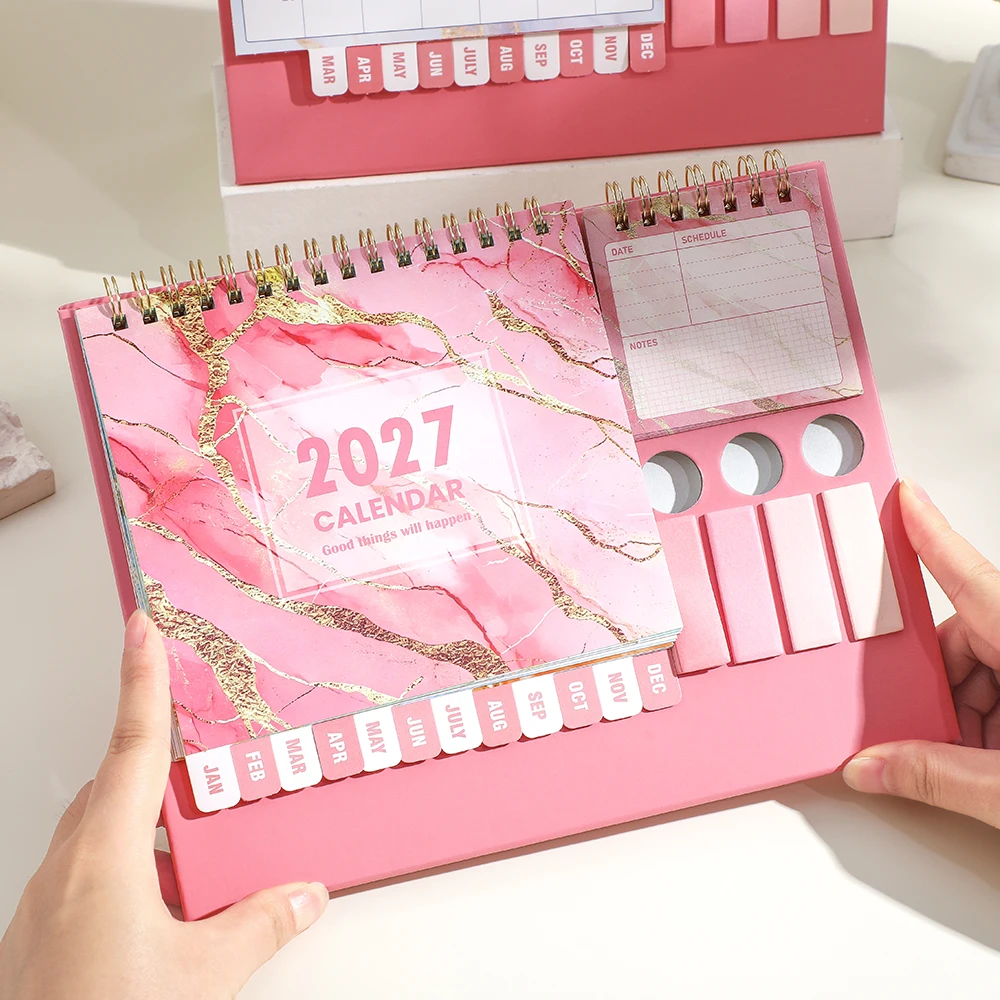 2027 Gilded Pink Marble Desk Calendar with Stickers Pen Holder Notes All-in-One Organizer Gift Kit for Home Office School
