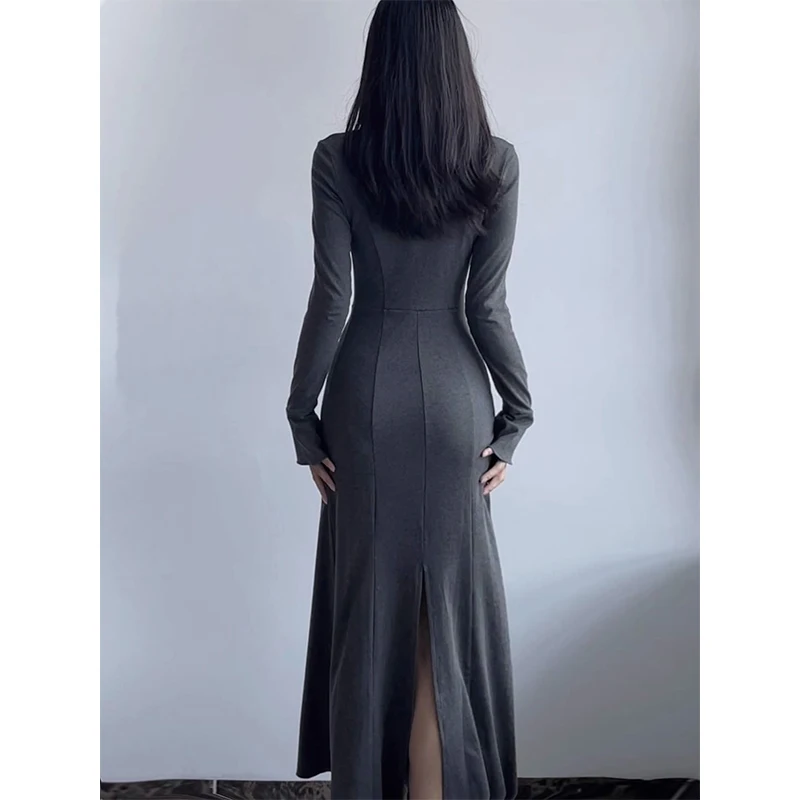 Spring Autumn Sexy Fashion Square Collar Lace Up Mermaid Dress Female Long Sleeve Slim Casual Robe Femme Solid Color Vestidos