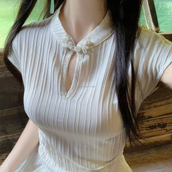 2025 new chinese button collar short-sleeved hollow out design cheongsam shirt elegant slimming retro daily qipao blouse w866
