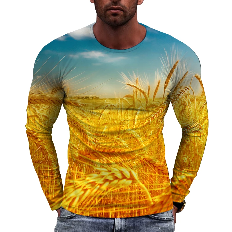 New European Rippling Wheat Fields  Picture  Men long sleeved T-shirt Casual Printed Tees Hip-hop Personality Round Neck  Tops