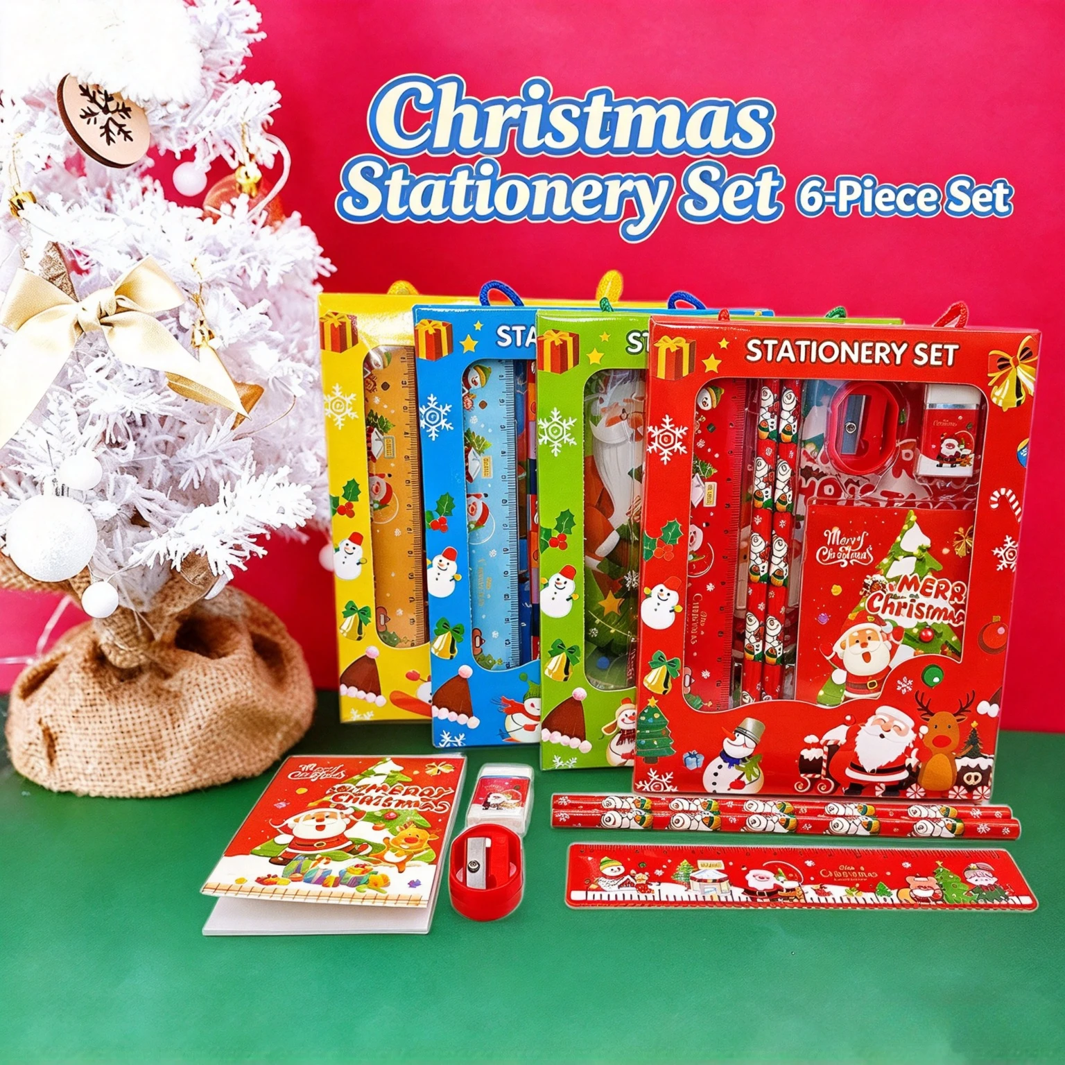 Christmas Stationery Set 6‑Pcs,Xmas Themed Pencils Ruler Eraser Sharpener Notebook Kit, Kids School Supplies,Holiday Party Favor