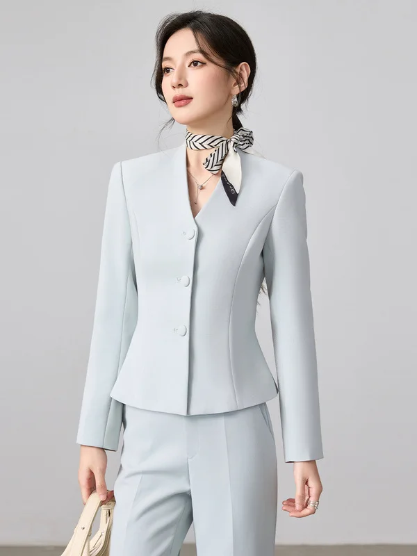 Professional Office Suit V-Neck Women's Jacket Slim Fit Autumn New Style Elegant Miniature Business Suit Set Polyester Fiber