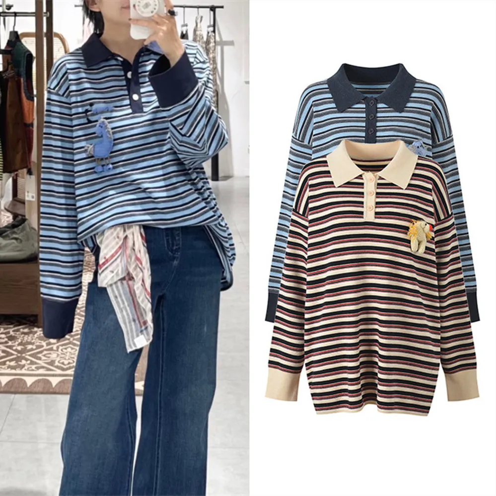 Luksusowy europejski sweter z dzianiny, luźny krój, wzór w paski, odmładzający, jesienno-zimowy, styl uniwersytecki, modny top.