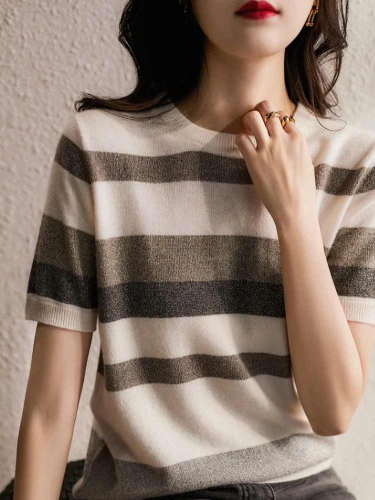 

Women's Spring/summer 2022 Loose half Sleeve Striped ice knitted shirt with round collar and short sleeve