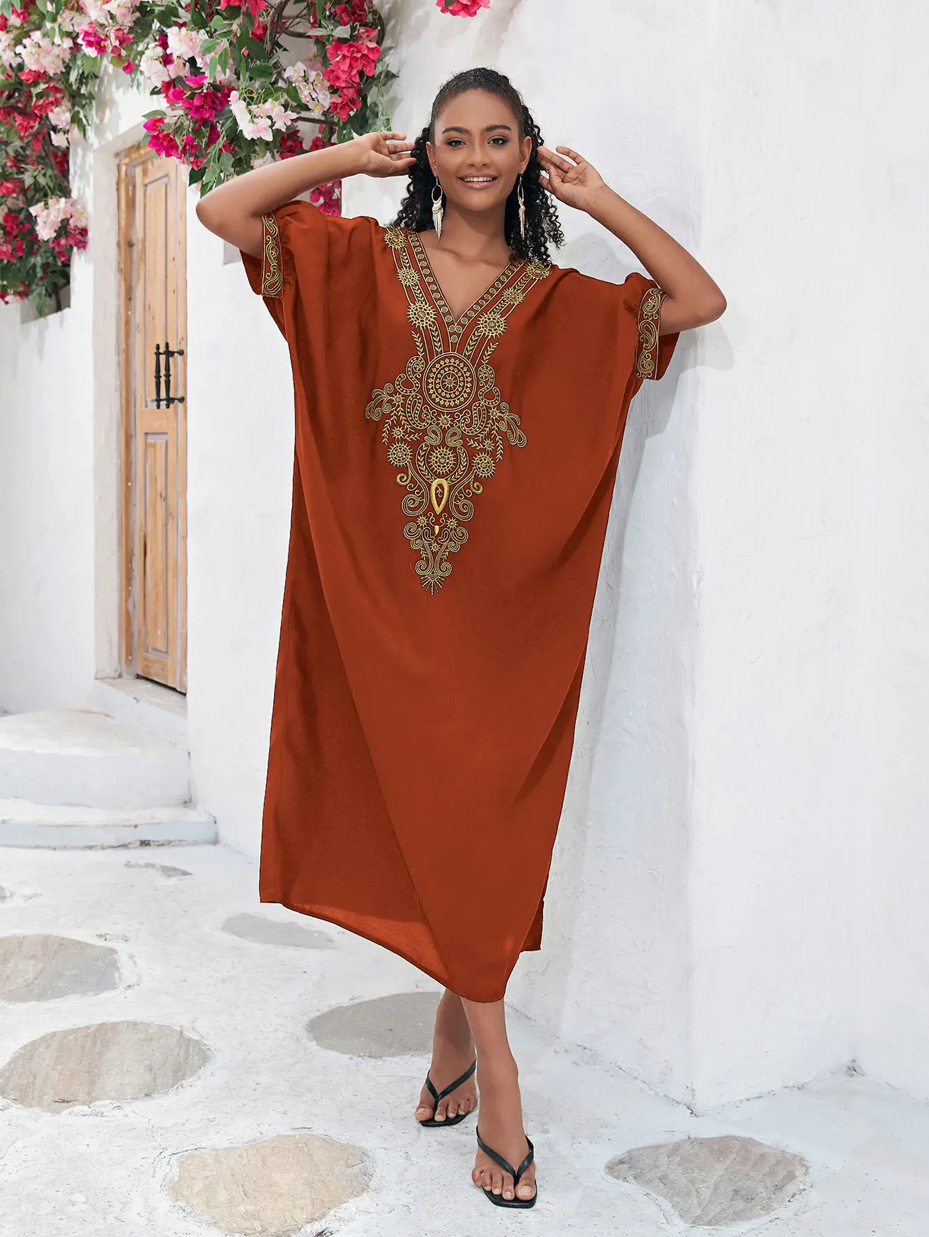 여성용 루즈 자수 비치 원피스 수영복, 비키니 커버업, V넥 반팔 카프탄 로브, 캐주얼 비치웨어, 탑 커버업