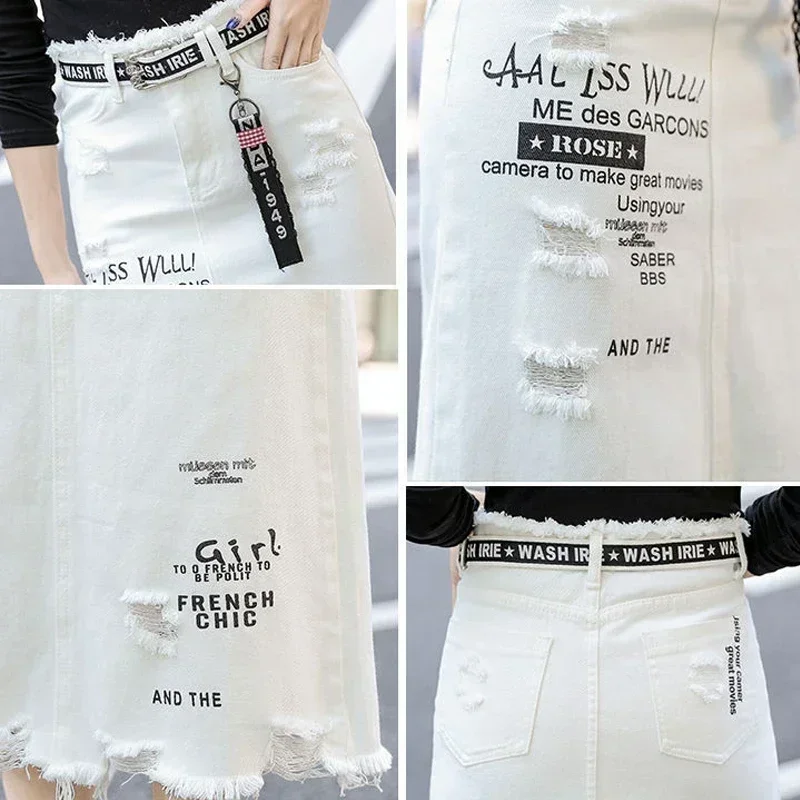 2024 New Women Skirt White Denim Long Skirts Letter Print Korean Style Fashion Hole Oversize Plus Size Female Skirts