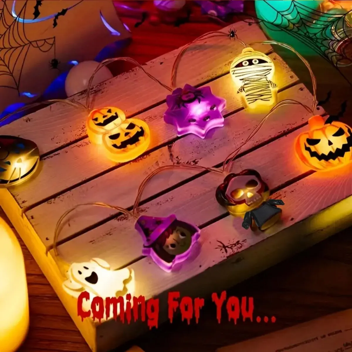 Indoor Halloween LED String Lights Battery Powered Decoration Lamp With Ghost Witch Cat Pumpkin Spider Web Skeleton Mummy Pirate