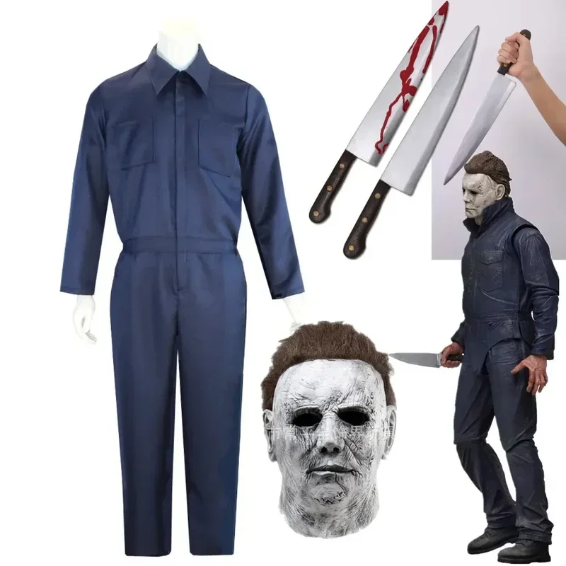 Michael Myers Costume Mask Cosplay Halloween Jumpsuit Outfits Horror Bloody Killer Carnival Party Costume for Adult Men