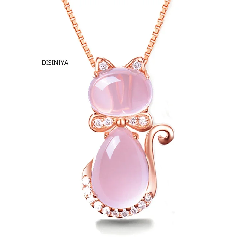 New Arrival Cute Rose Pink Opal Kitty Cat Pendant Necklace for Women Girls Children Gift Lovely Quartz Romantic Wedding Jewelry