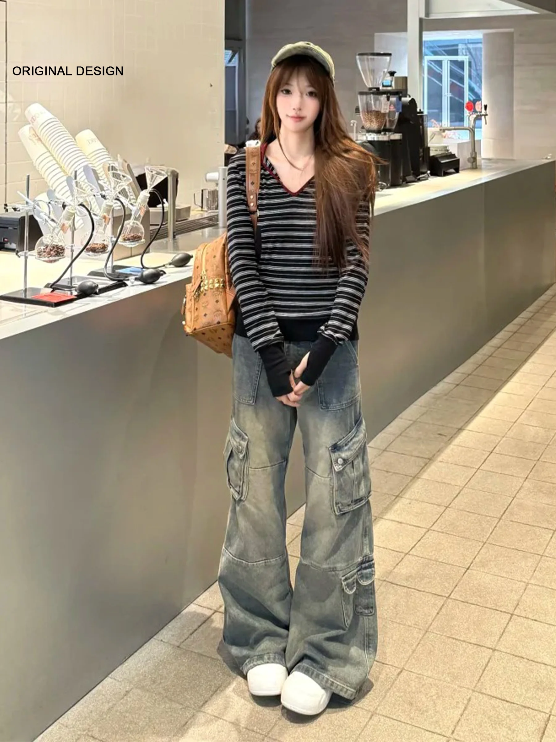 

Retro Blue Cool Style Multi-Pocket Wide-Leg Denim Jeans Women's 2026 New Summer Spicy Girl Loose Workwear Long Pants