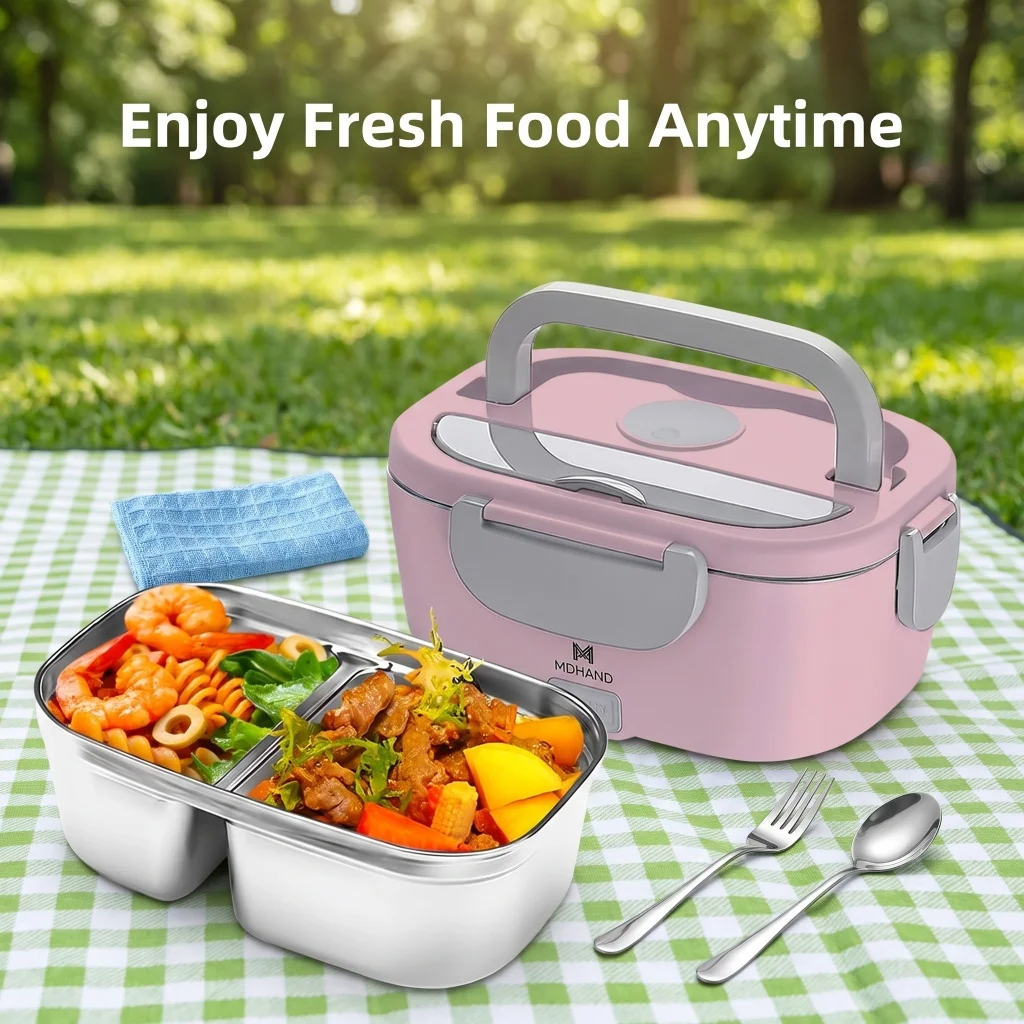 65W Electric Heating Lunch Box Pink,1.3-1.5L Portable Food Warmer with Removable 304 Stainless Steel Inner Container,220V AC Power Button Control,15-30 Mins Fast Heating,PP Food Grade Shell,Comes with Cleaning Cloth