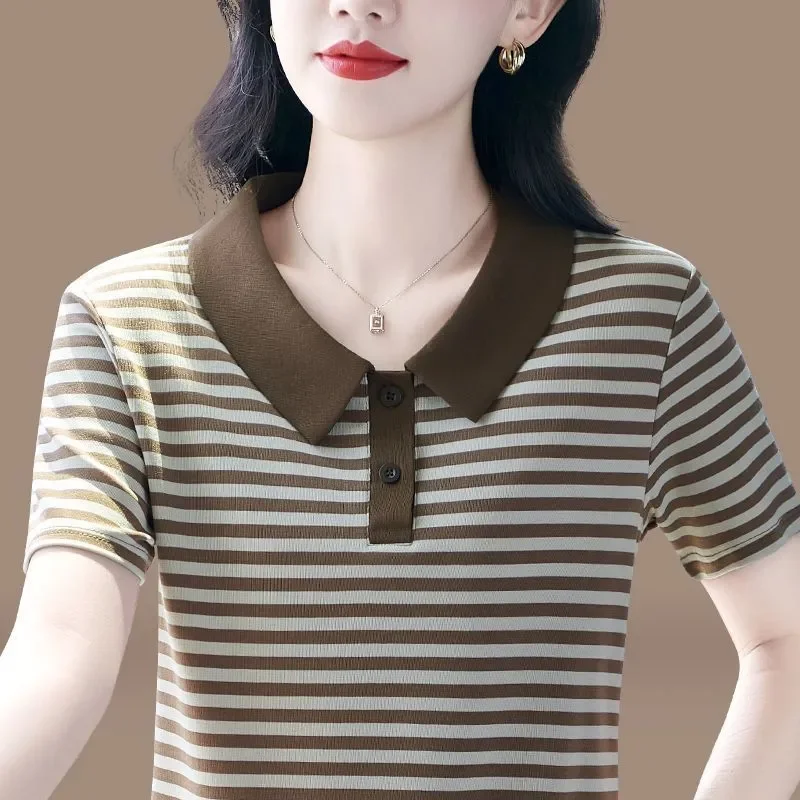 Women's Summer Striped Shirt Contrast Collar Short Sleeve Casual Button Placket Top