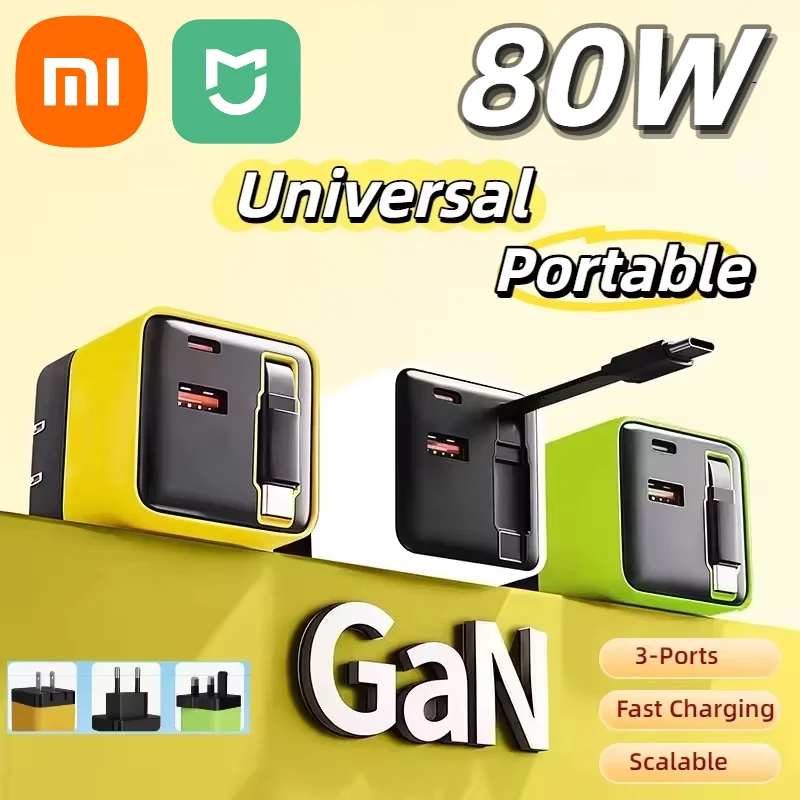 XIAOMI 3 in 1 GaN Charger Portable Type-C USB 80W Fast Charger Module Retractable Phone Charger Wall Plug For iPhone Samsung