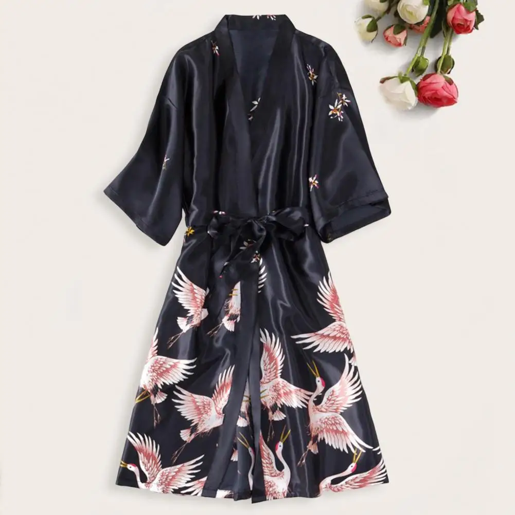 Ice Silk Women Bathrobe Japanese Bird Print Satin Lace-up V Neck Half Sleeve Home Pajamas Silk Kimono Robe Bathrobe Sleepwear