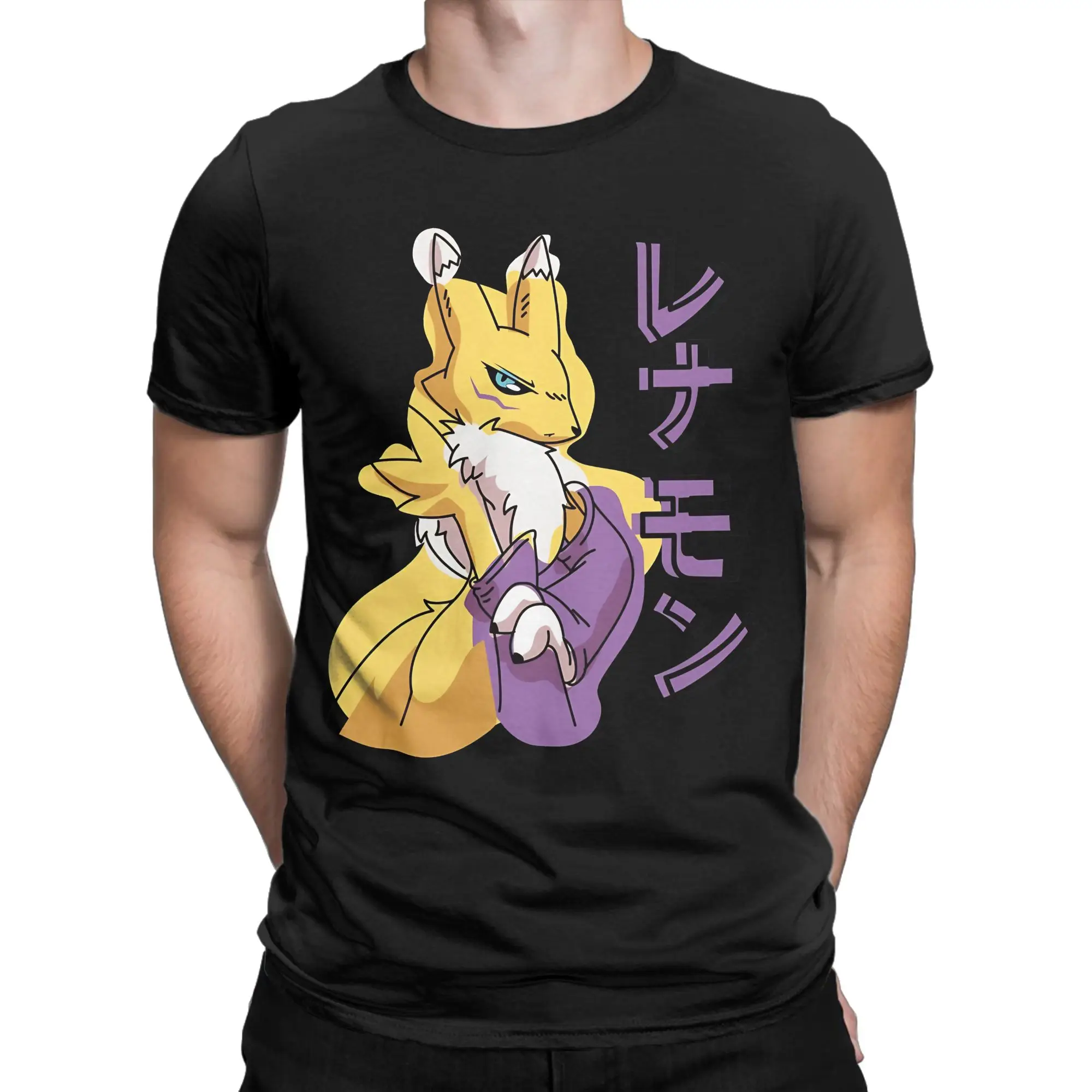 Renamon Side Profile T Shirts Men's  Cotton Humor T-Shirt Crew Neck  Tee Shirt Short Sleeve Clothes Original