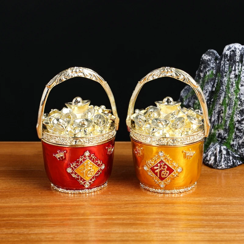 SHINNYGIFTS  Buckets of Gold Enameled Statue Home Decoration Attract Good Fortune Wealth New Year Gift