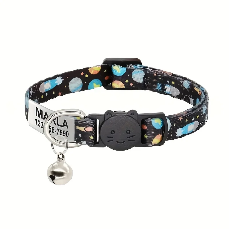 Custom Adjustable Space Planet Pattern Pet Collar Safety Buckle Nylon for Cats Small Dogs Engraved ID Tag Name Phone Address