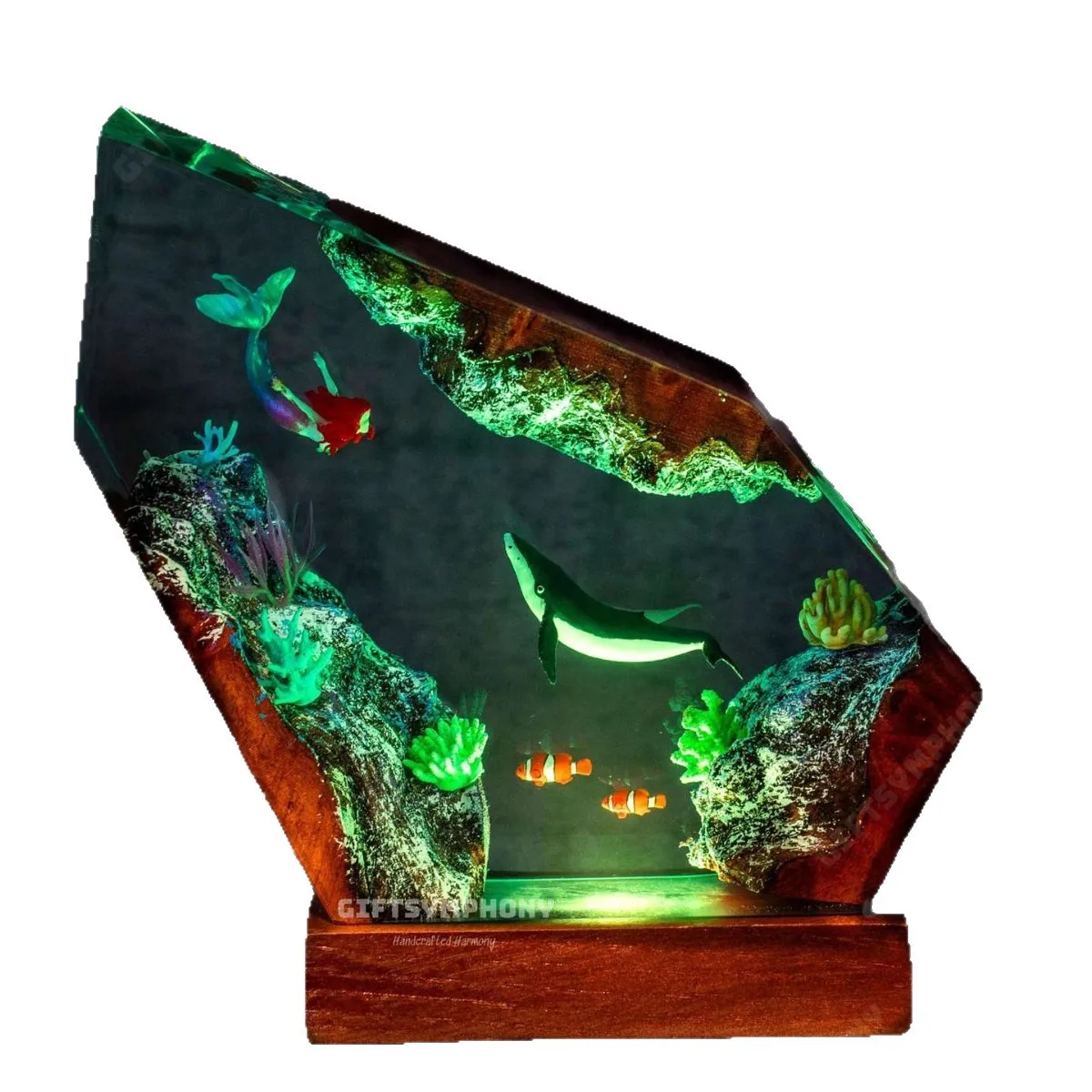 

8X5 Inches Marine Life Home Decoration Craft - Epoxy Resin Luminous Figurine of Mermaid and Humpback Whale - Exquisite Gift