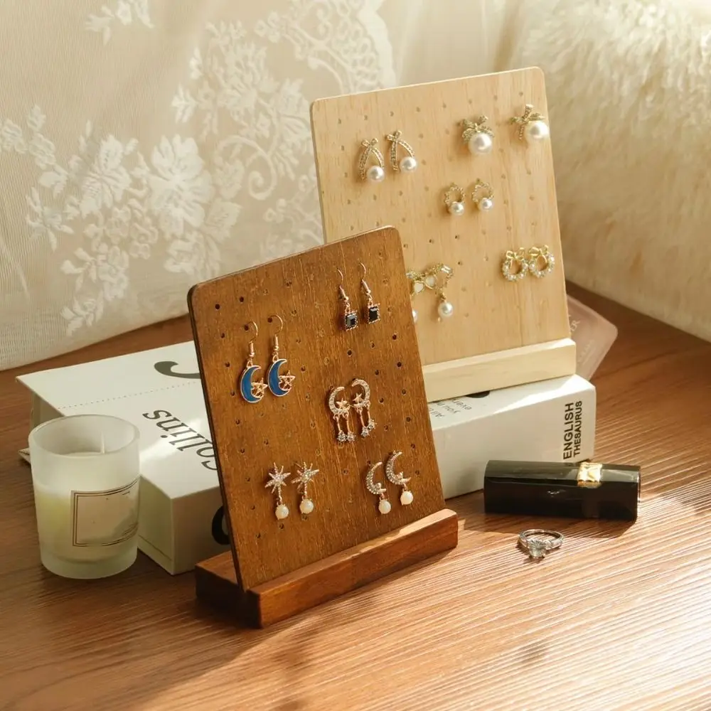 72 Holes Earring Holder Wooden Earring Hanger Wood Earring Stands With Base Ear Stud Dangle Earrings Display Stand Desktop Home