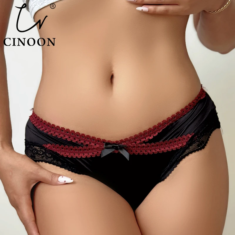 

﻿ CINOON Women Sexy Lace Panties Ice Silk Satin Sexy Briefs X-Front Hollow Out Underwear Bow French Intimates Breathable Linger