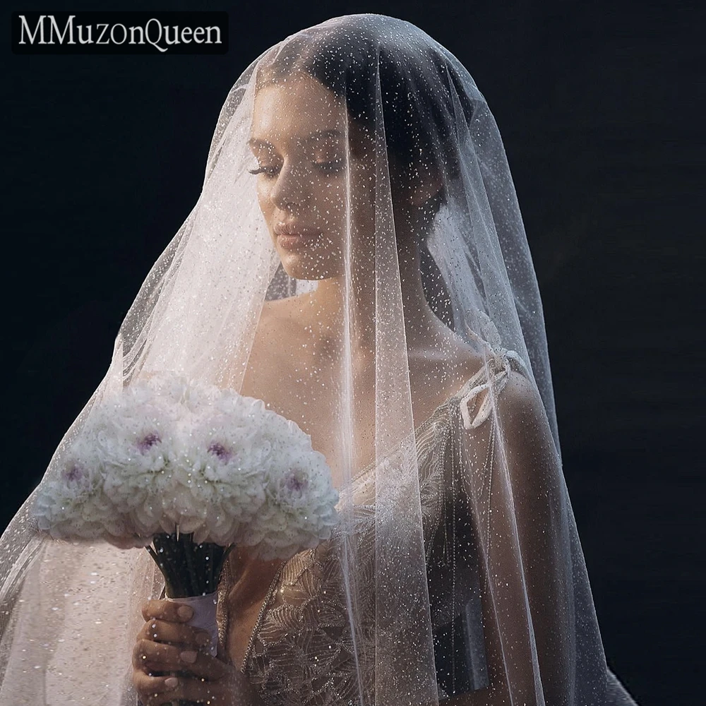 MMQ M95 Sparkling bridal veil Pearl mask can be customized length single veil Classic veil lace cream white