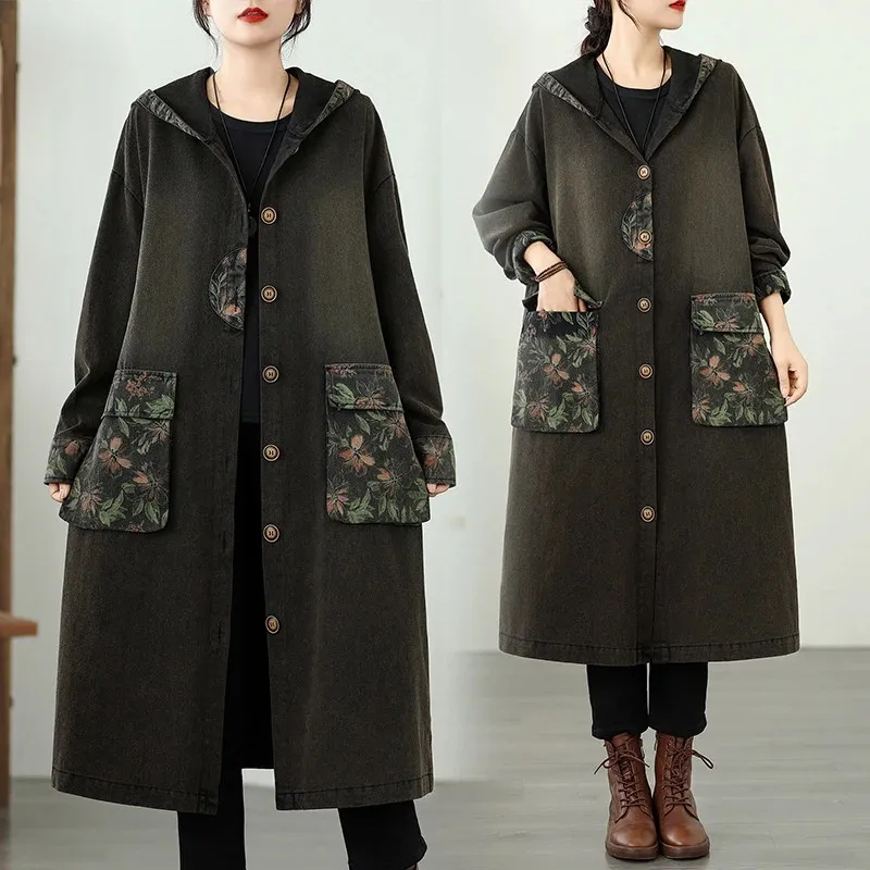 

Новинка 2026, осенний свободный джинсовый плащ большого размера, женский винтажный однобортный лоскутный однобортный длинный ветровка с капюшоном