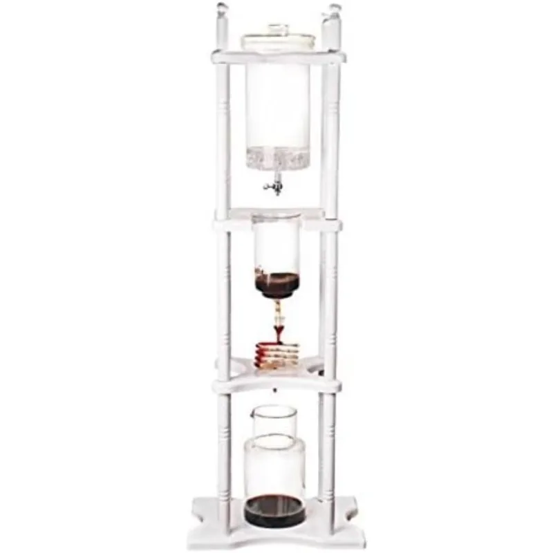 Iced Coffee Maker Glass Wooden Stand 25 Cups, Including glassware, filter and adjustable valve to perform dripping, white