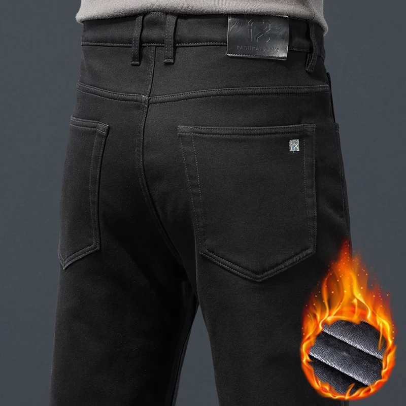 Winter Warm Fleece Men Jeans Loose Straight Thickened Velvet Trousers Black Classic Stretch Casual Thermal Pants Plus Size 28 44