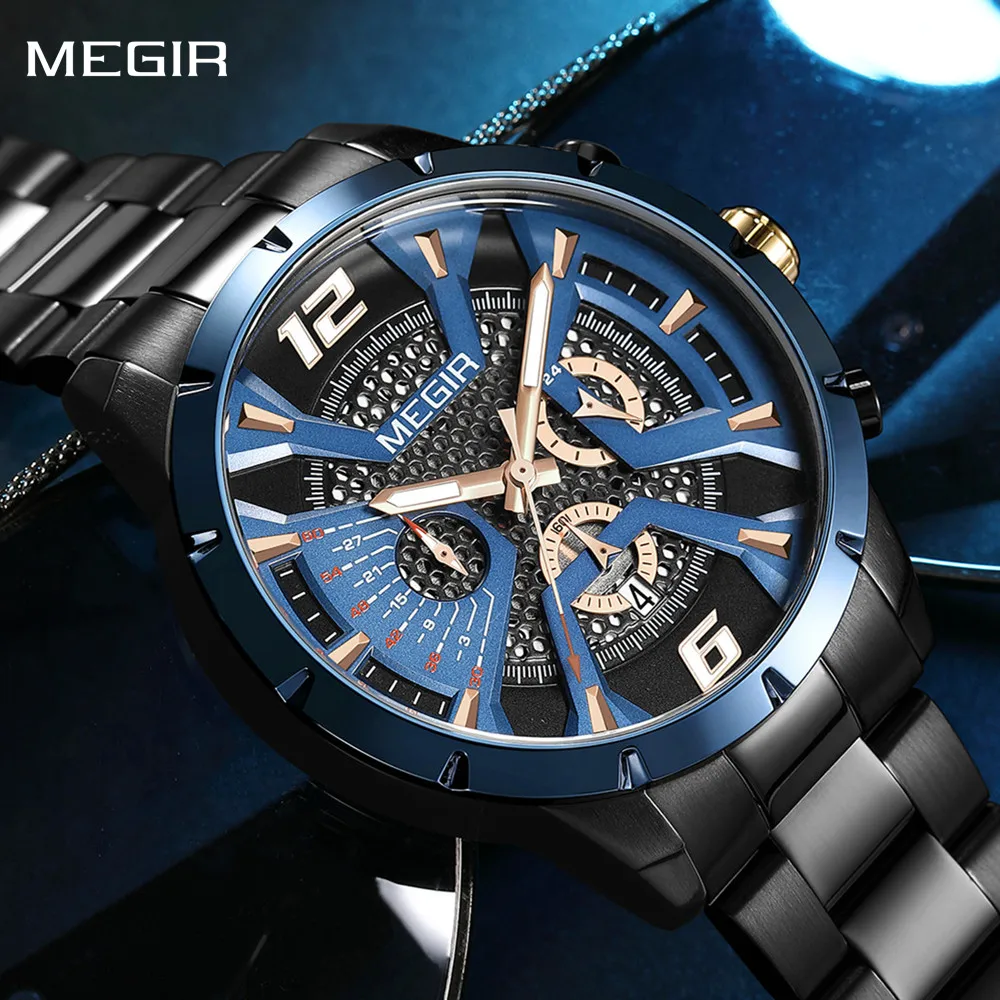 MEGIR модные мужские часы водостойкие деловые повседневные наручные часы из нержавеющей стали с хронографом мужские часы Reloj Hombre 2221